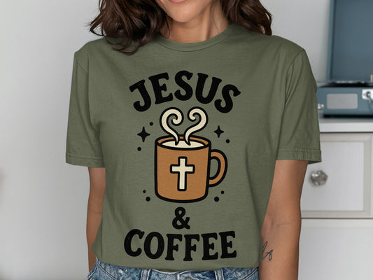 Olive green t-shirt with "JESUS & COFFEE" and a steaming coffee mug.