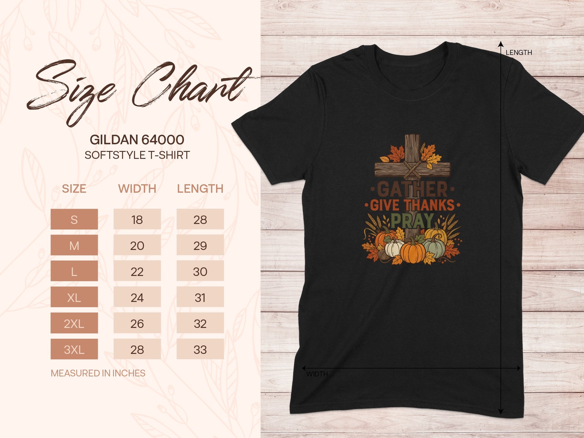 Gildan 64000 Softstyle T-shirt size chart with "Gather, Give Thanks, Pray" graphic.