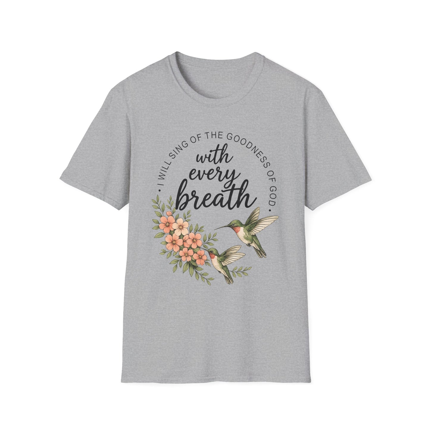Christian Shirt for Women – With Every Breath Hummingbird Floral Inspirational Faith Based Graphic T-Shirt