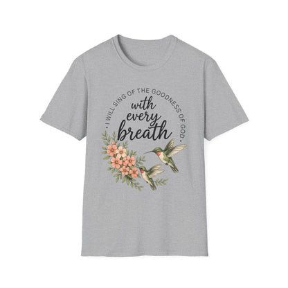 Christian Shirt for Women – With Every Breath Hummingbird Floral Inspirational Faith Based Graphic T-Shirt