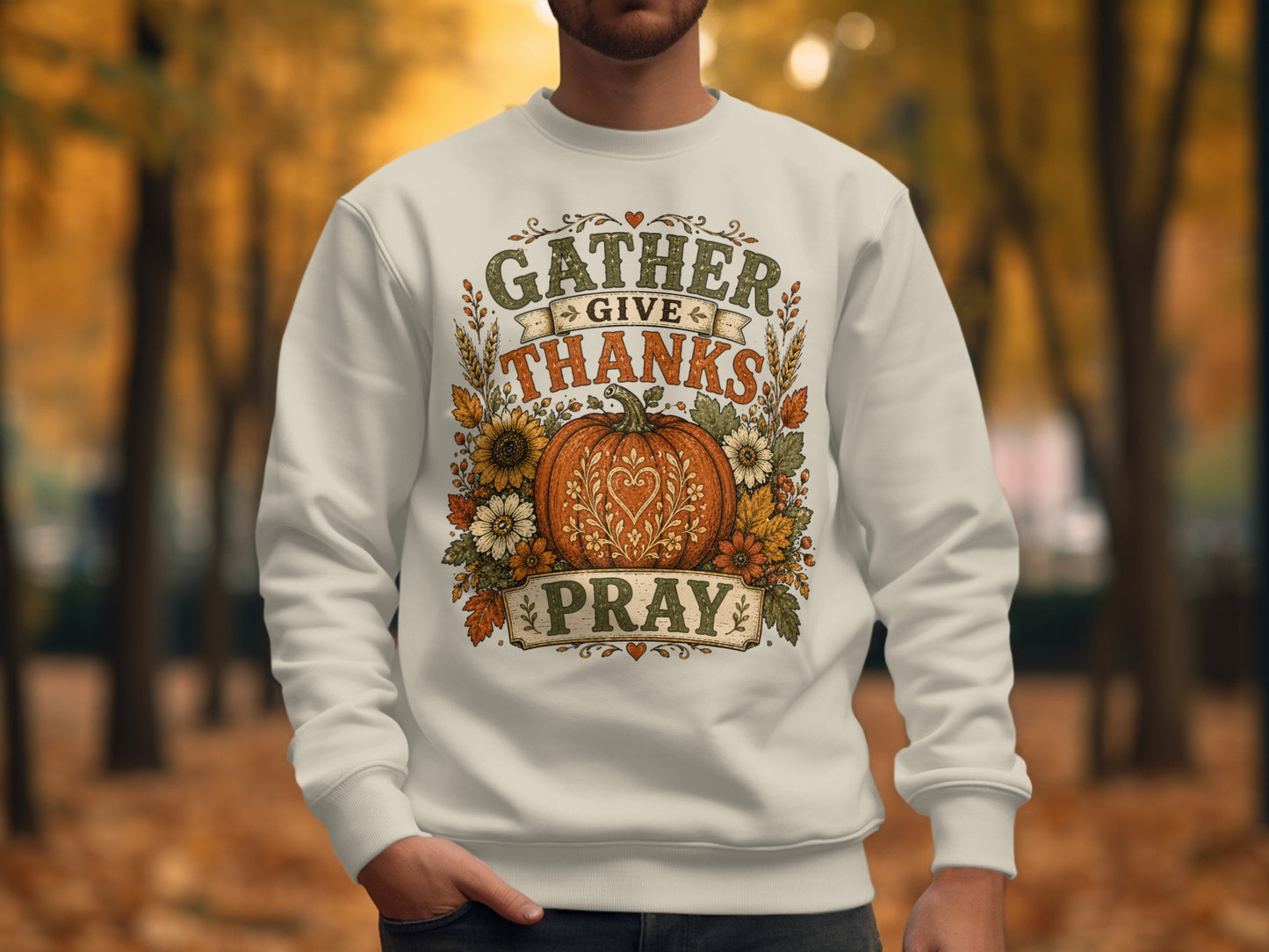 Cream sweatshirt with "Gather Give Thanks Pray" and pumpkin floral graphic.