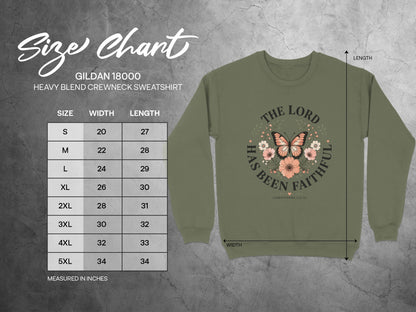Gildan 18000 sweatshirt size chart with measurements and floral design.