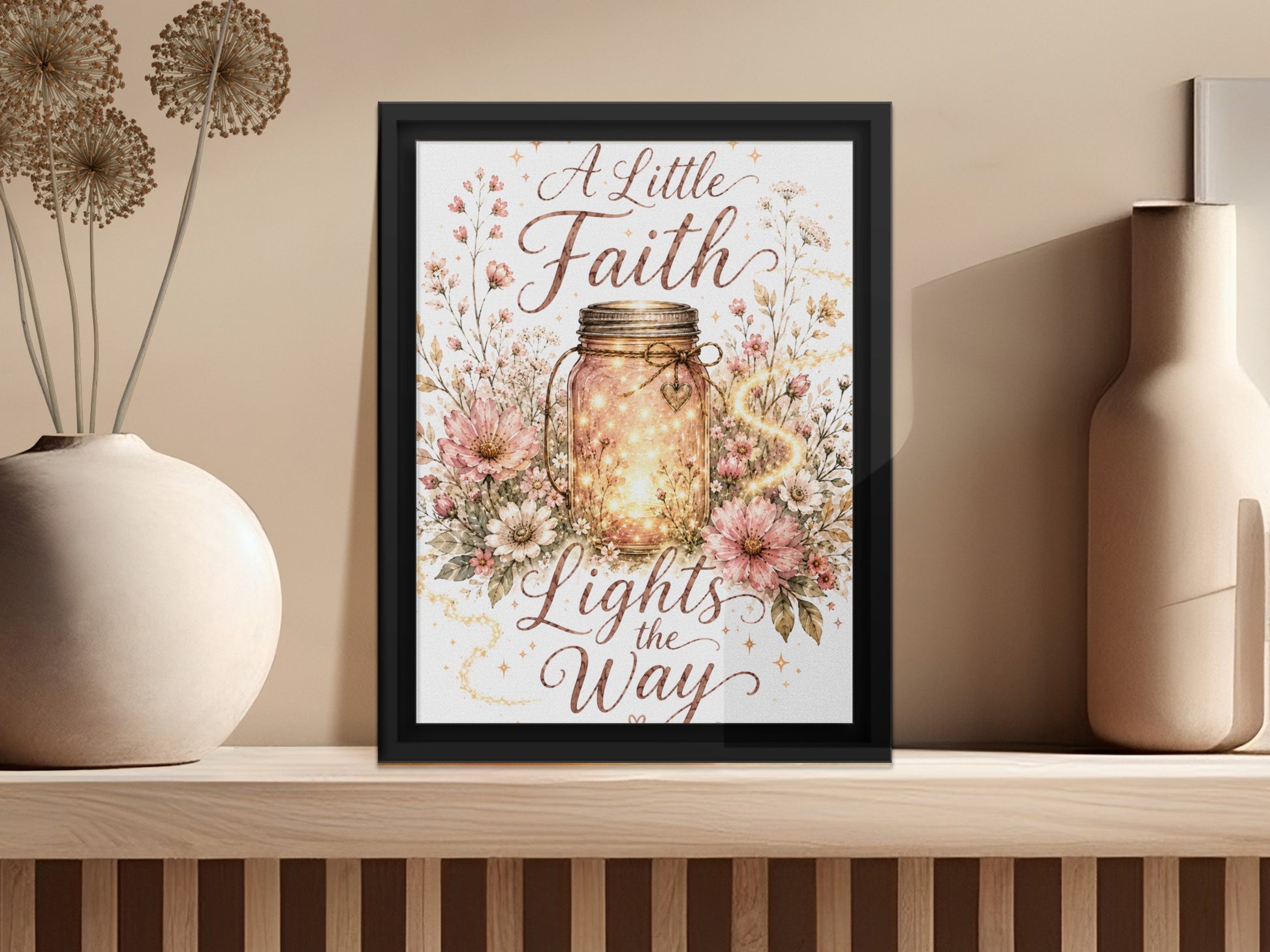 "A Little Faith Lights the Way" text with glowing jar and floral arrangement.