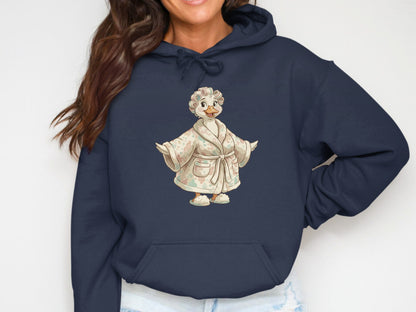 Navy hoodie with a cartoon duck wearing a floral robe.