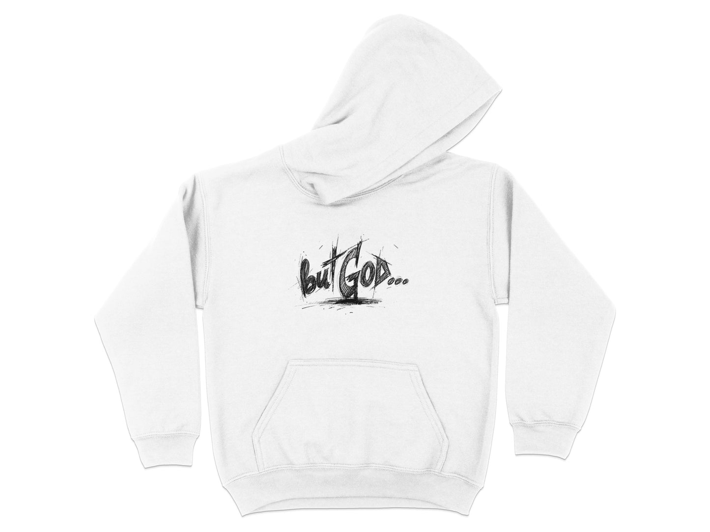White hoodie with "but GOD..." text graphic on chest.