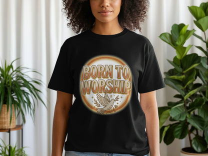 Black t-shirt with 'Born to Worship' text and a dove design.