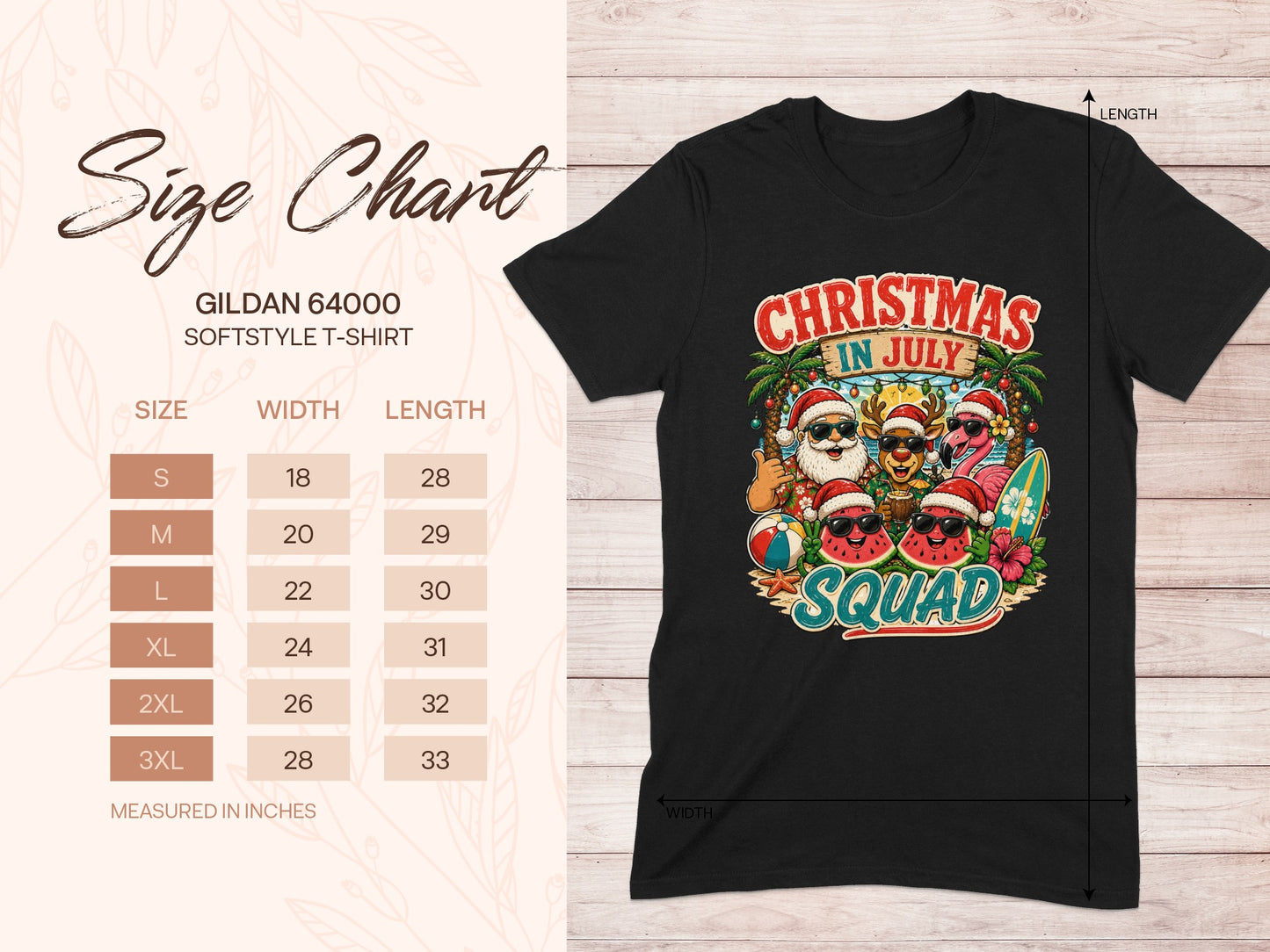 Gildan 64000 t-shirt size chart and Christmas in July graphic.