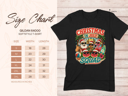 Gildan 64000 t-shirt size chart and Christmas in July graphic.
