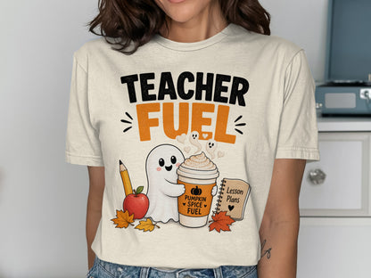 Teacher Fuel with ghost, pumpkin spice latte, apple, pencil, and lesson plans.