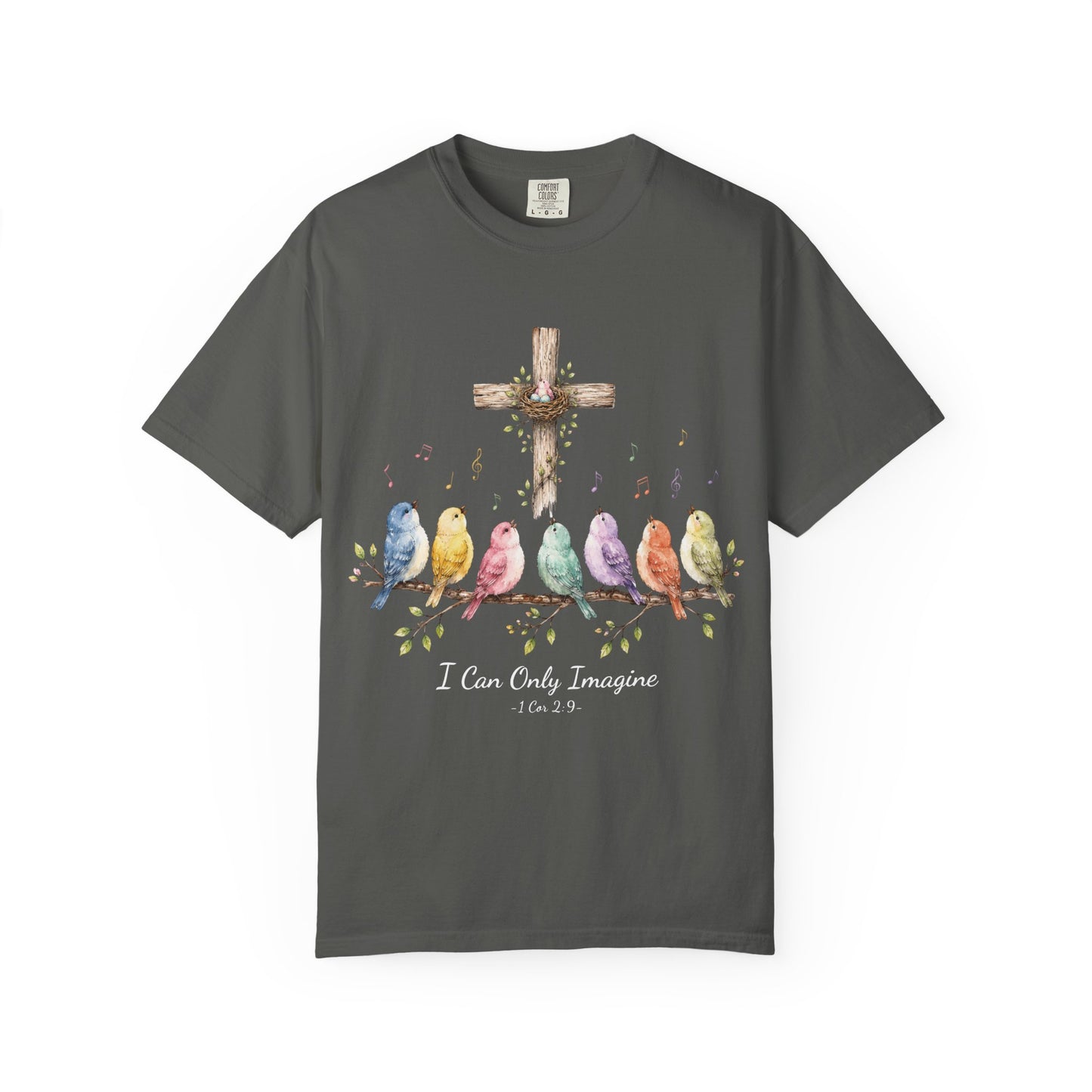 I Can Only Imagine Shirt, Cross with Songbirds Women's Christian Tee | 1 Corinthians 2:9 Worship Gift