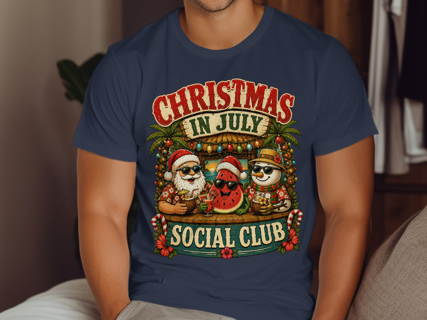 Santa, snowman, and watermelon in Santa hats at a beach bar.