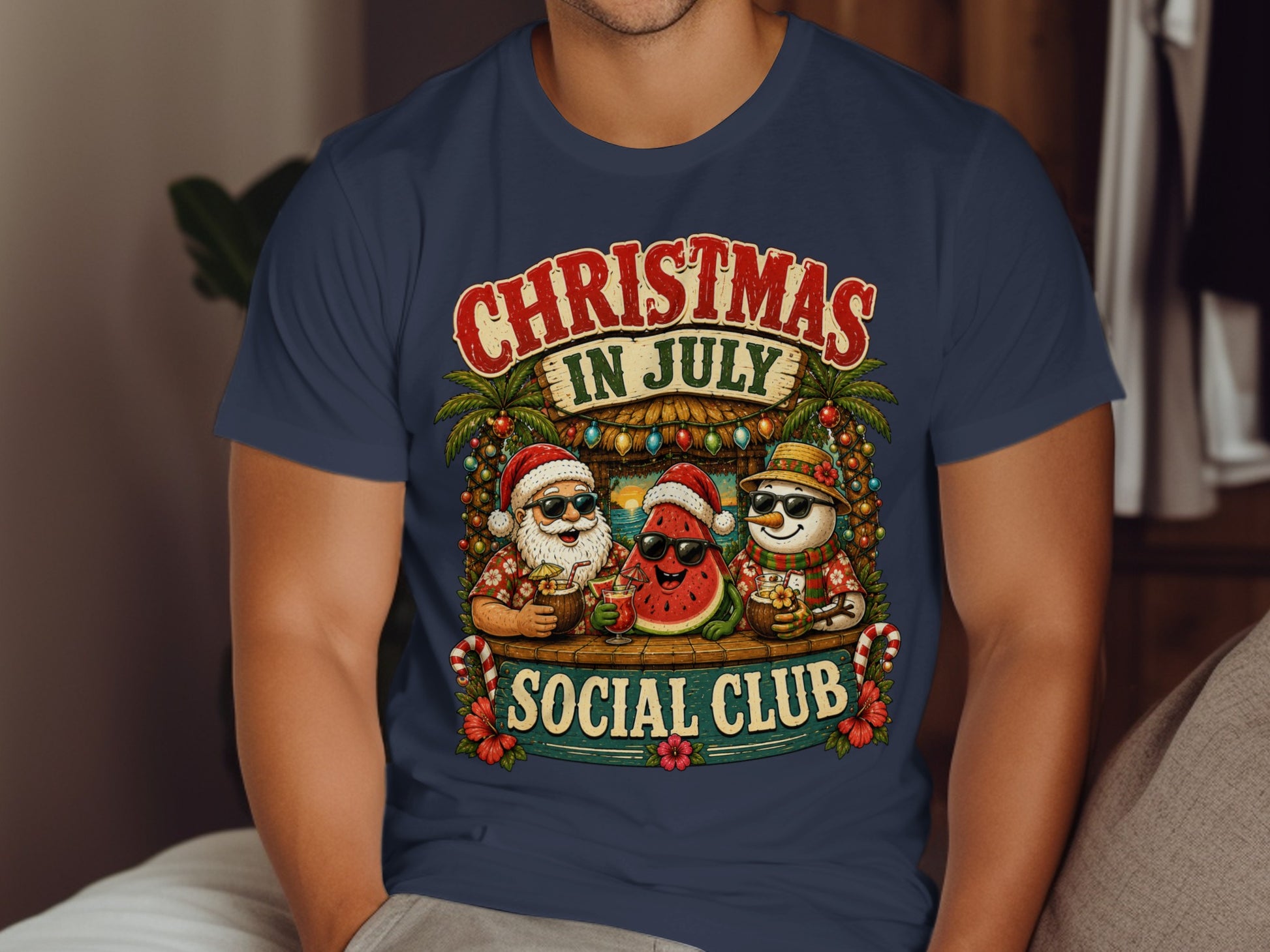 Santa, snowman, and watermelon in Santa hats at a beach bar.