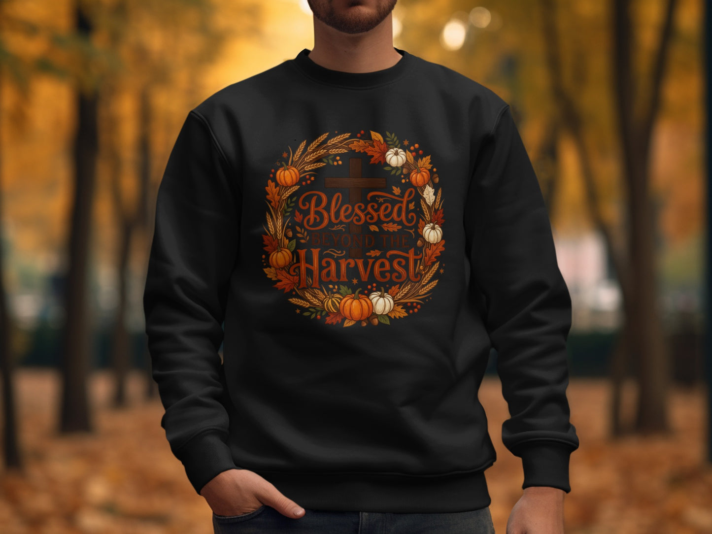 Black sweatshirt with "Blessed Beyond the Harvest" text and fall wreath.