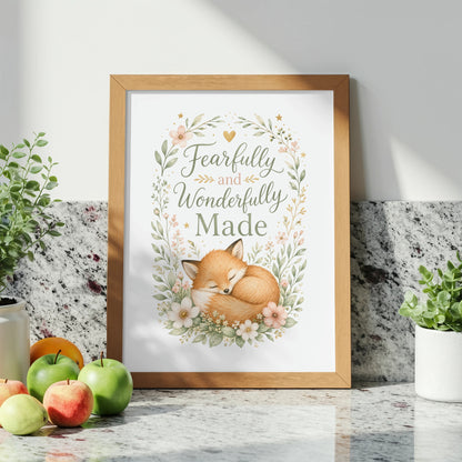 Framed artwork with sleeping fox, flowers, and text "Fearfully and Wonderfully Made."