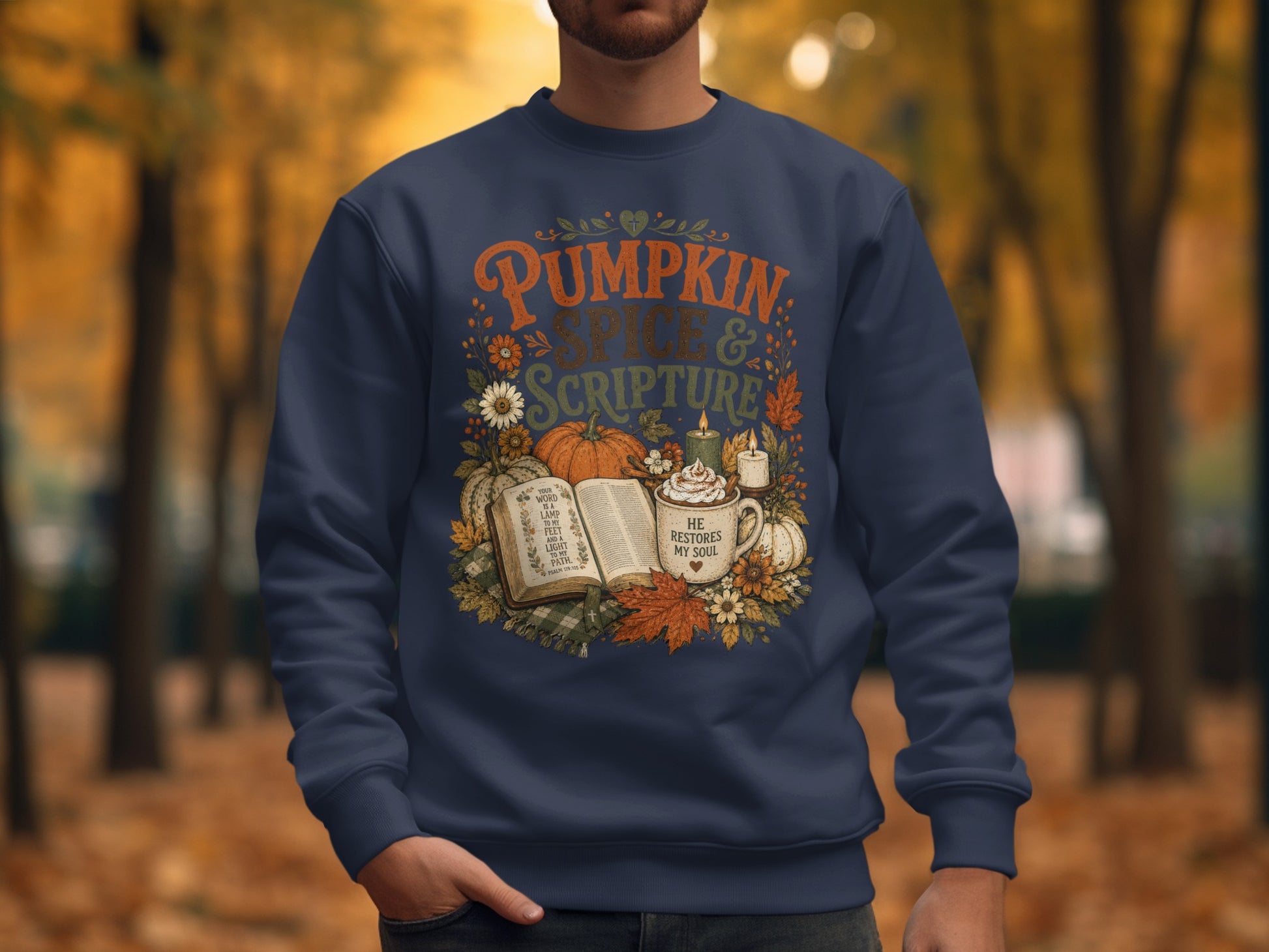 Navy sweatshirt with "Pumpkin & Scripture" text and Psalm 119:105.