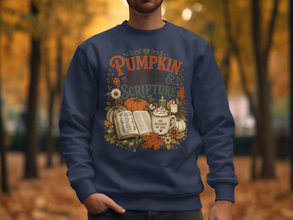 Navy sweatshirt with "Pumpkin & Scripture" text and Psalm 119:105.
