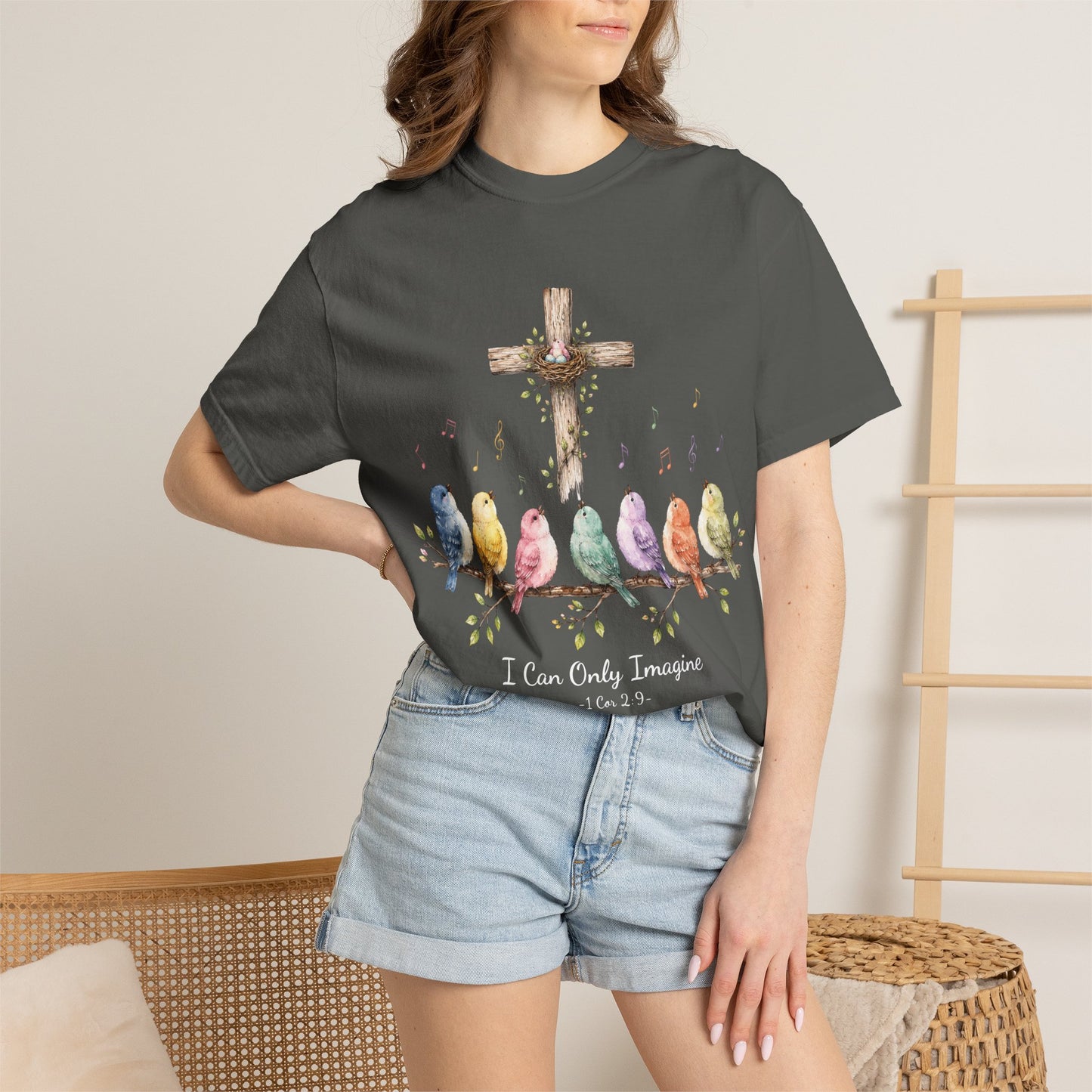 I Can Only Imagine Shirt, Cross with Songbirds Women's Christian Tee | 1 Corinthians 2:9 Worship Gift