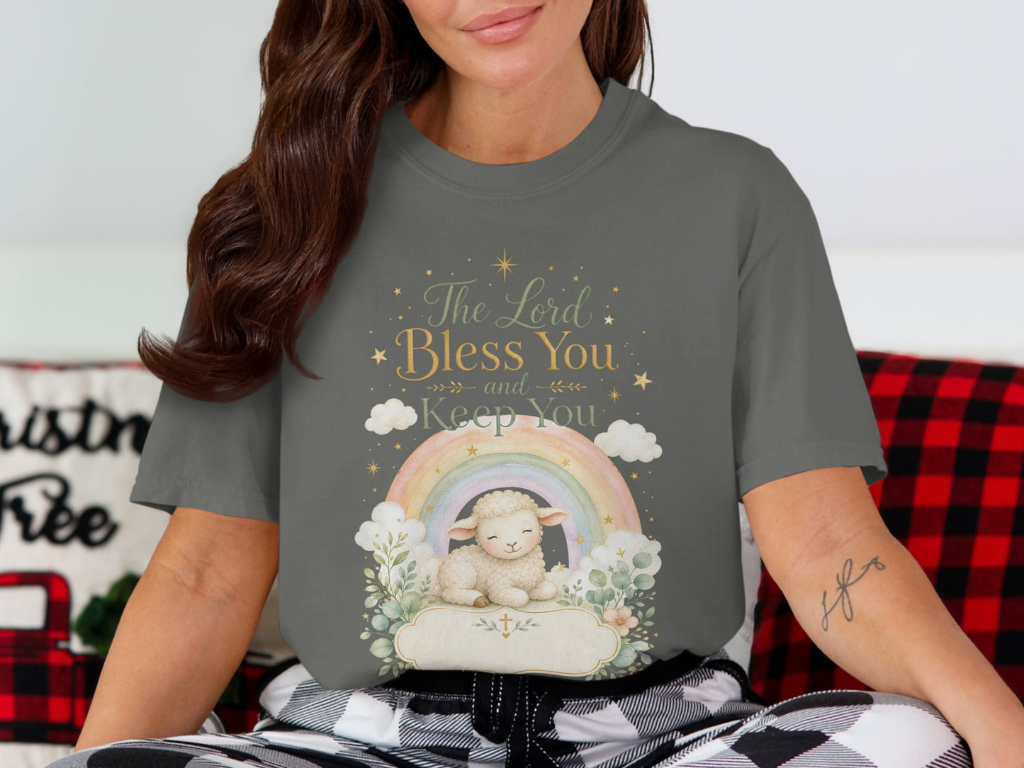 T-shirt with "The Lord Bless You and Keep You" text, rainbow, and lamb.