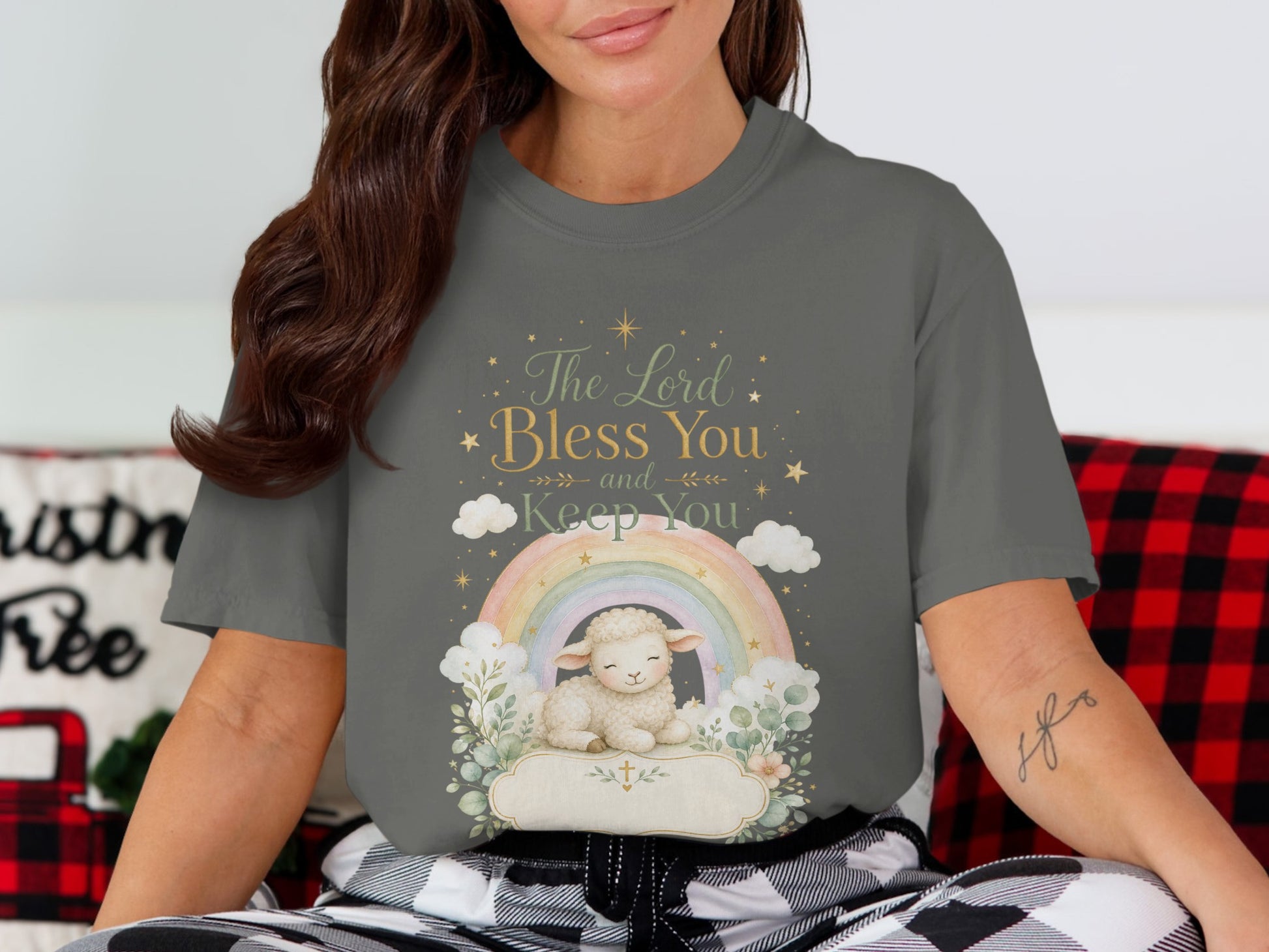 T-shirt with "The Lord Bless You and Keep You" text, rainbow, and lamb.