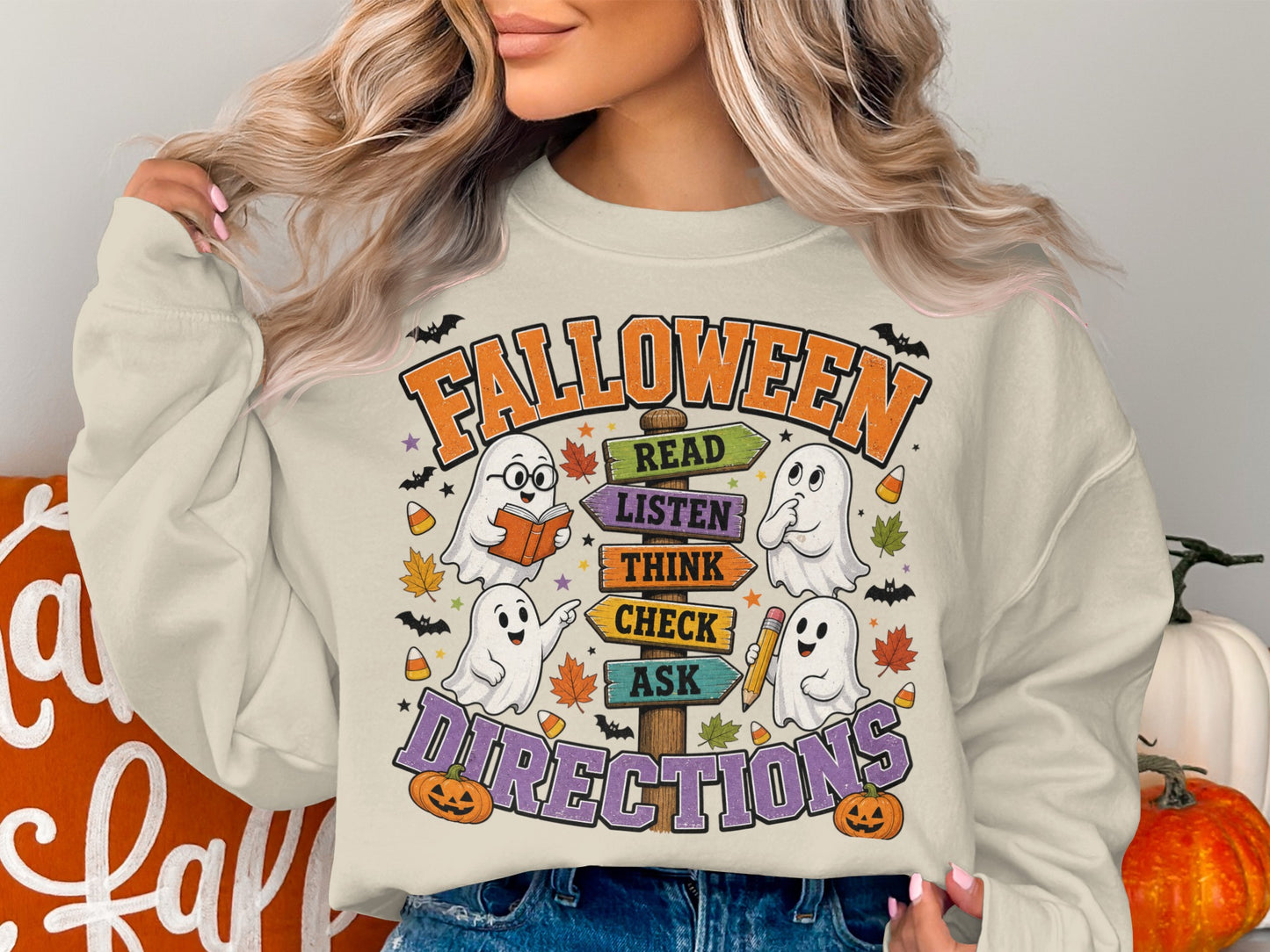Falloween graphic with ghosts, pumpkins, and signs reading read, listen, think, check, ask directions.