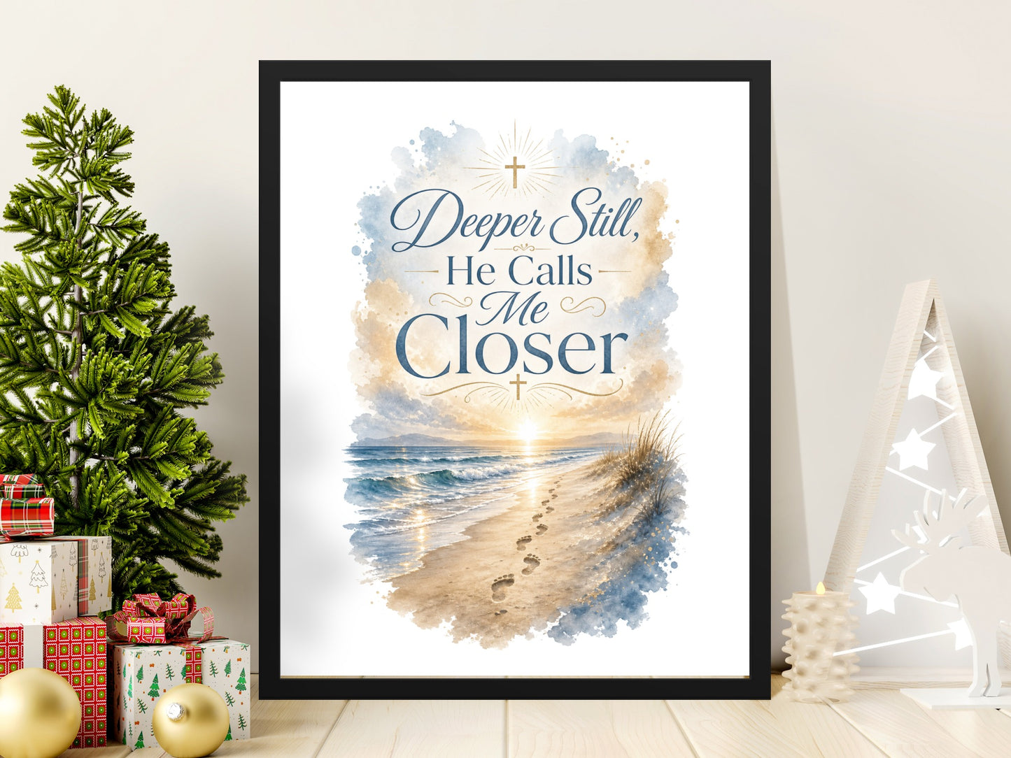 Deeper Still, He Calls Me Closer text over watercolor beach sunset scene with footprints.