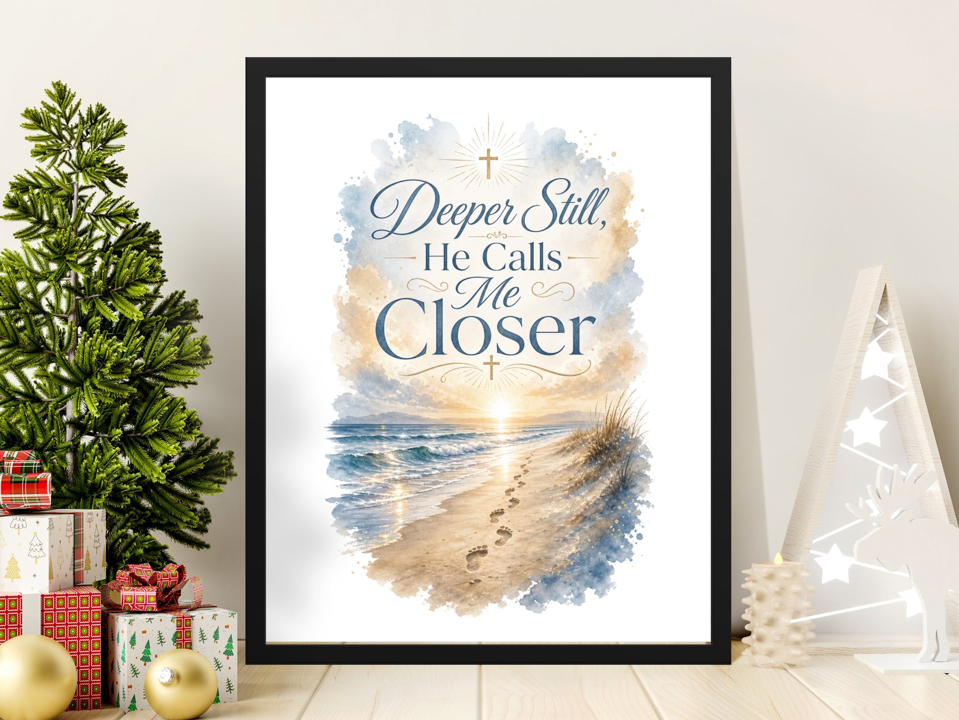 Deeper Still, He Calls Me Closer text over watercolor beach sunset scene with footprints.