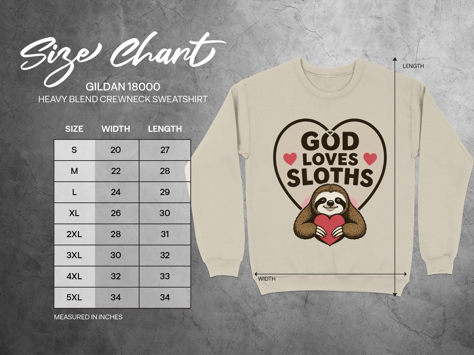 Size chart for Gildan 18000 sweatshirt with sloth graphic.