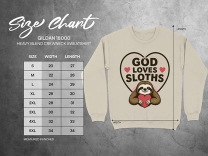 Size chart for Gildan 18000 sweatshirt with sloth graphic.