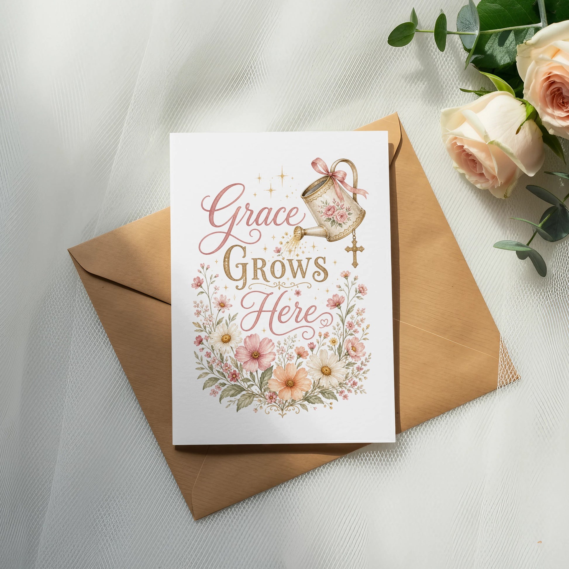 Card with "Grace Grows Here" text, floral watercolor design, and a gold cross ornament.