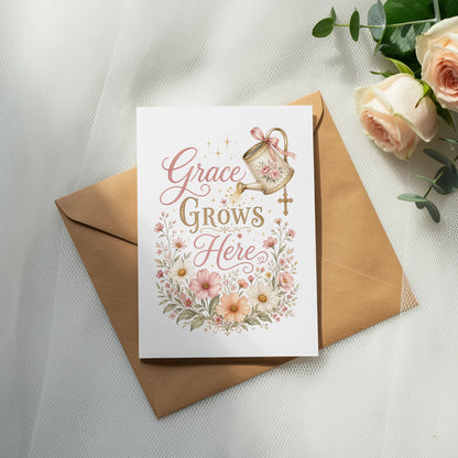 Card with "Grace Grows Here" text, floral watercolor design, and a gold cross ornament.