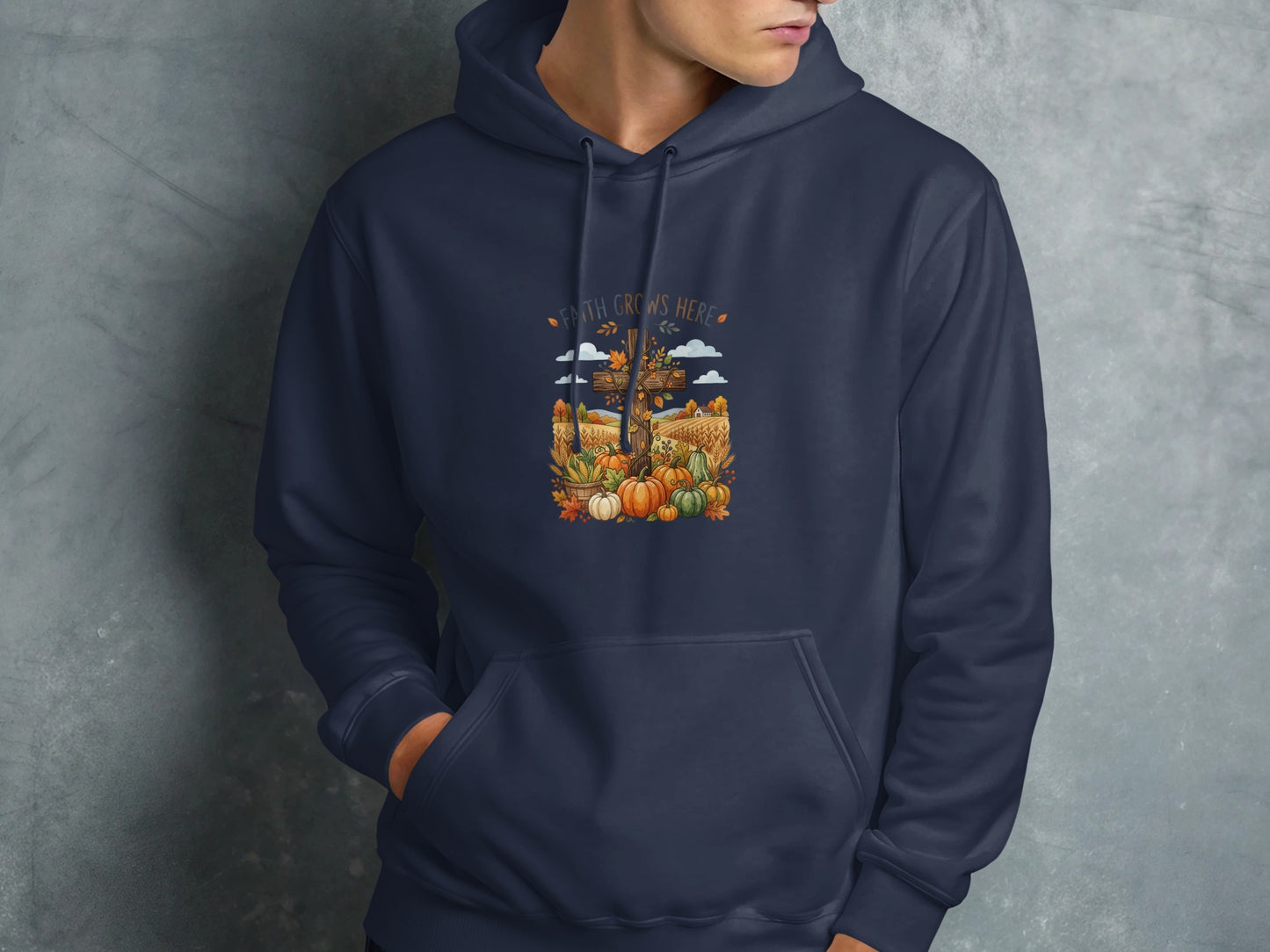 Navy hoodie with fall harvest graphic including pumpkins, corn stalks, and text.