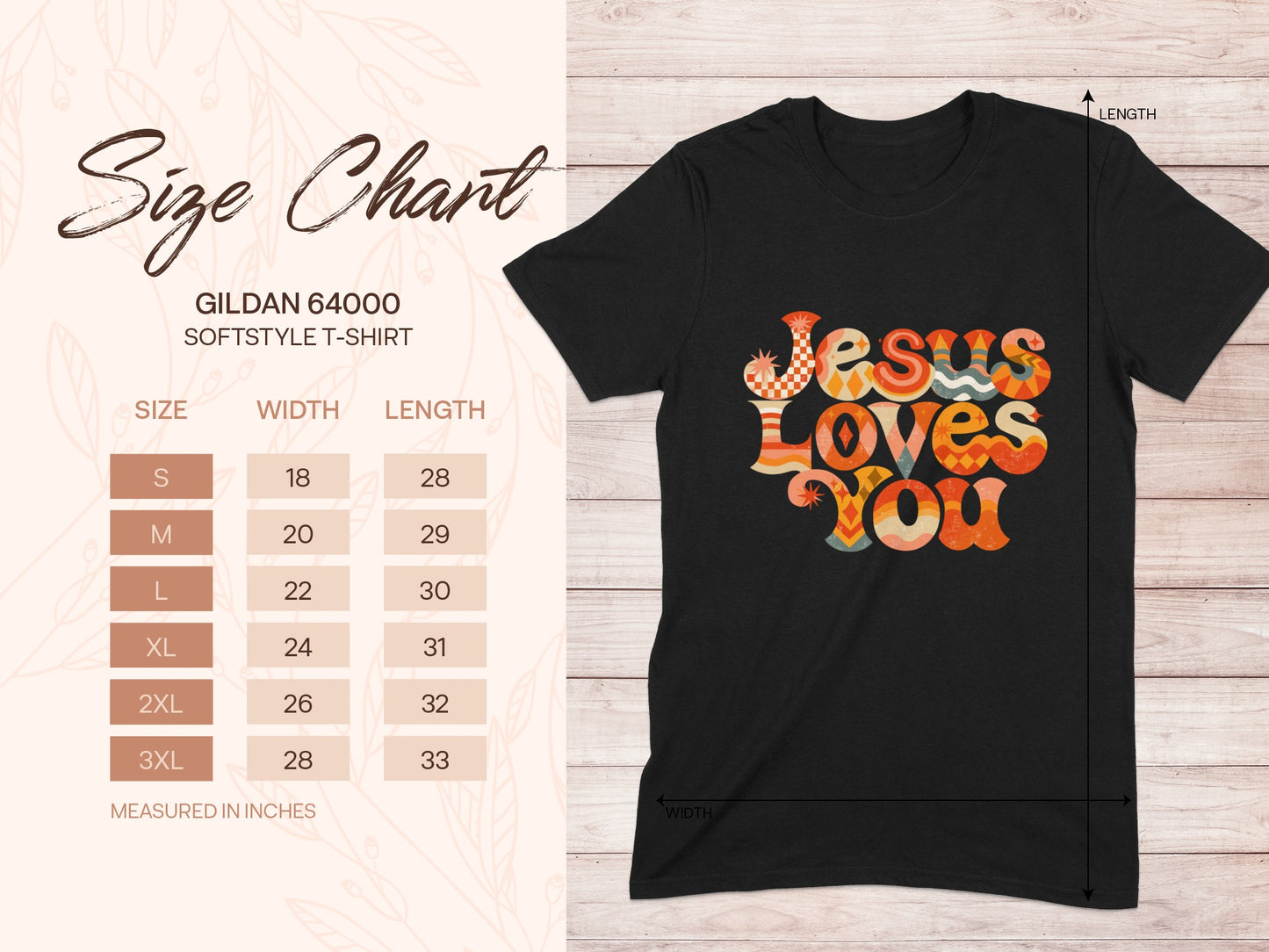 Gildan 64000 softstyle t-shirt size chart with Jesus Loves You graphic.