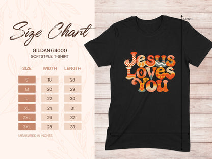 Gildan 64000 softstyle t-shirt size chart with Jesus Loves You graphic.