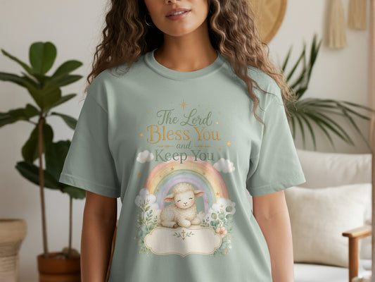T-shirt with "The Lord Bless You and Keep You" text and a watercolor lamb.