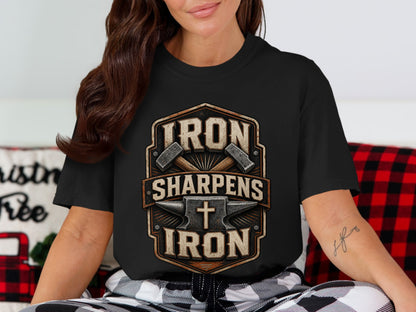 Black t-shirt with "Iron Sharpens Iron" and cross design.