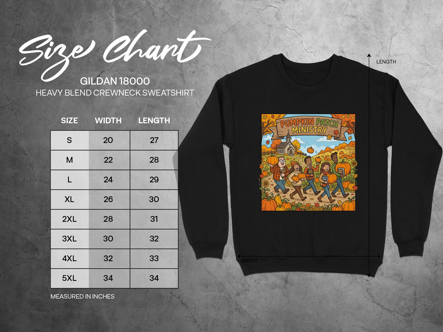 Gildan 18000 sweatshirt size chart with measurements and illustration of people in a pumpkin patch.
