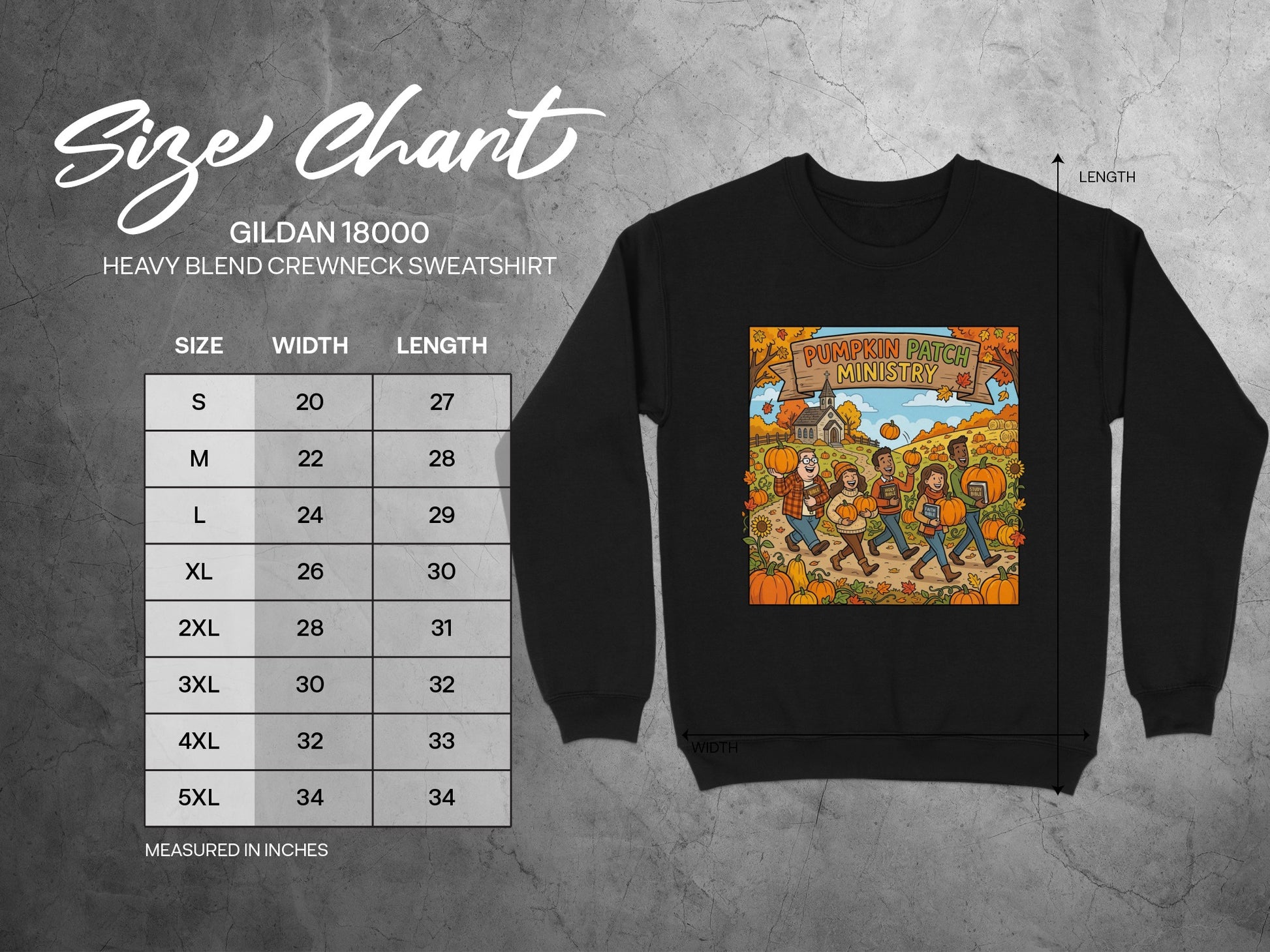 Gildan 18000 sweatshirt size chart with measurements and illustration of people in a pumpkin patch.