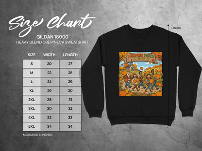 Gildan 18000 sweatshirt size chart with measurements and illustration of people in a pumpkin patch.