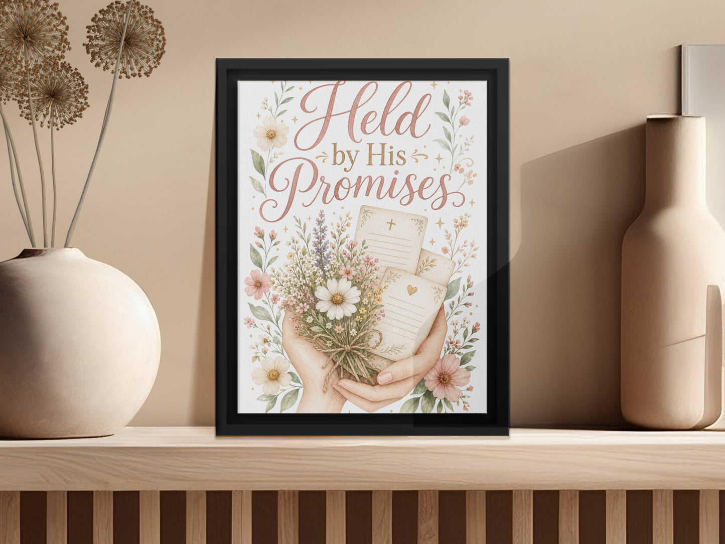 Poster with faded text "Held by His Promises", framed, featuring hands holding flowers and papers.