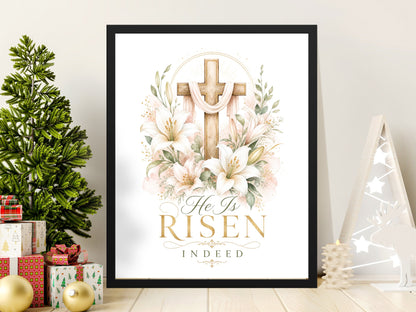 Framed print with wooden cross, lilies, and "He Is Risen Indeed" text.