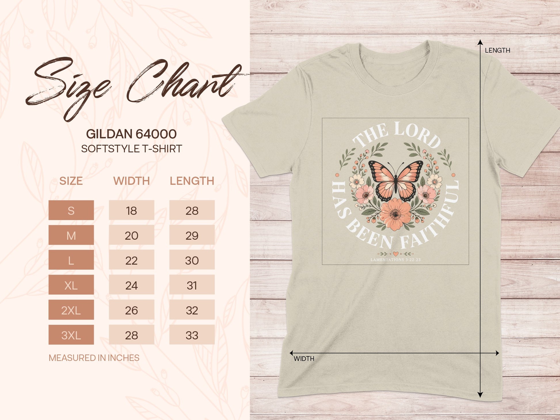 Gildan 64000 softstyle t-shirt size chart with measurements.