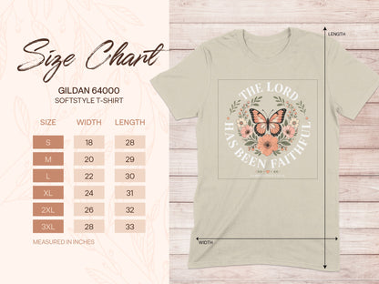 Gildan 64000 softstyle t-shirt size chart with measurements.