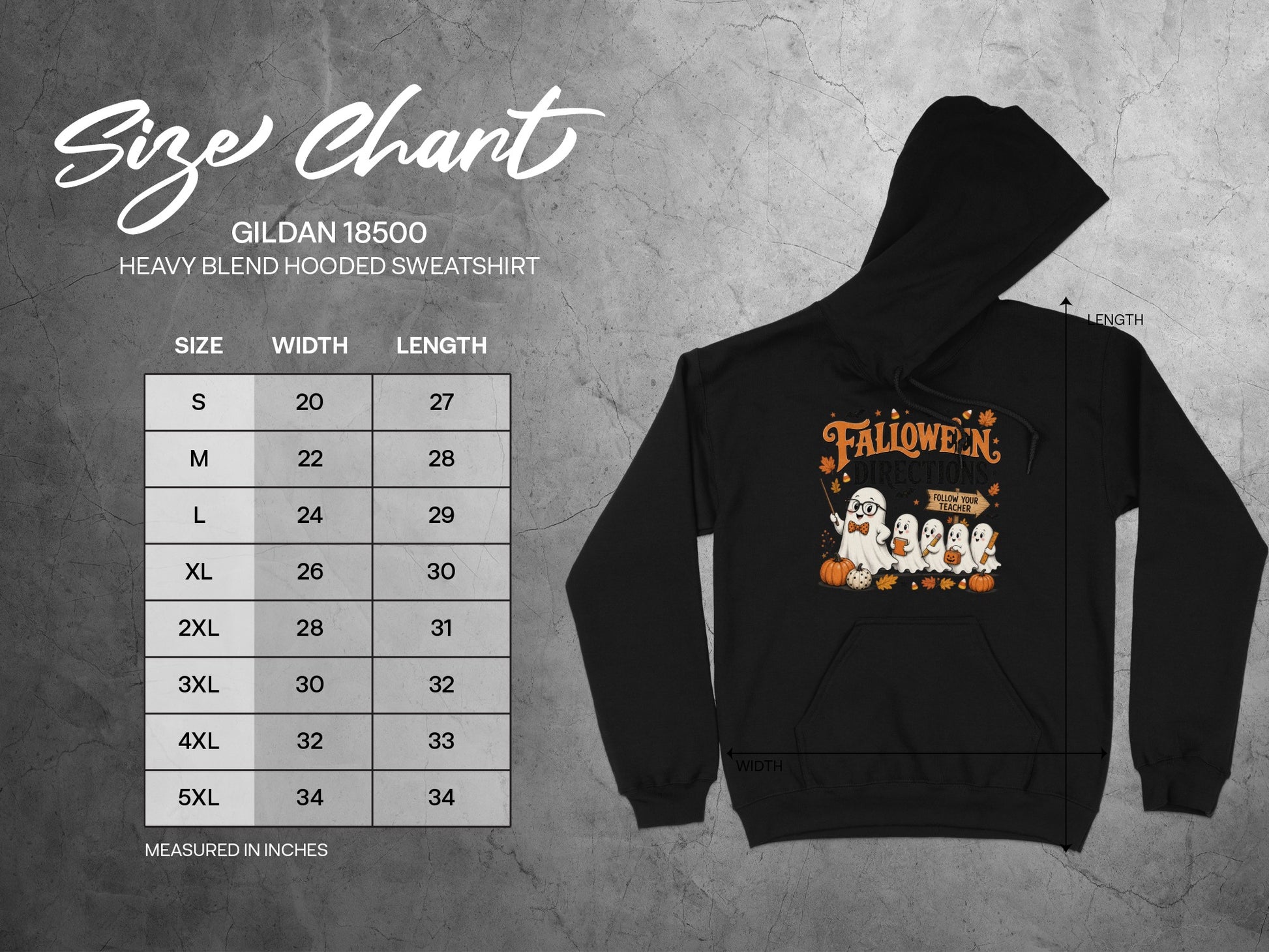 Gildan 18500 heavy blend hooded sweatshirt size chart with measurements.