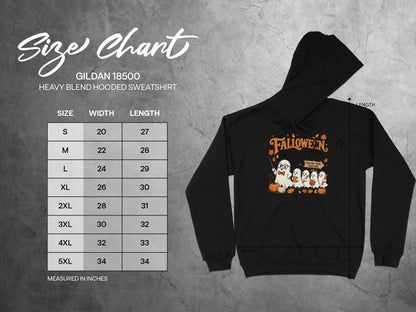 Gildan 18500 heavy blend hooded sweatshirt size chart with measurements.