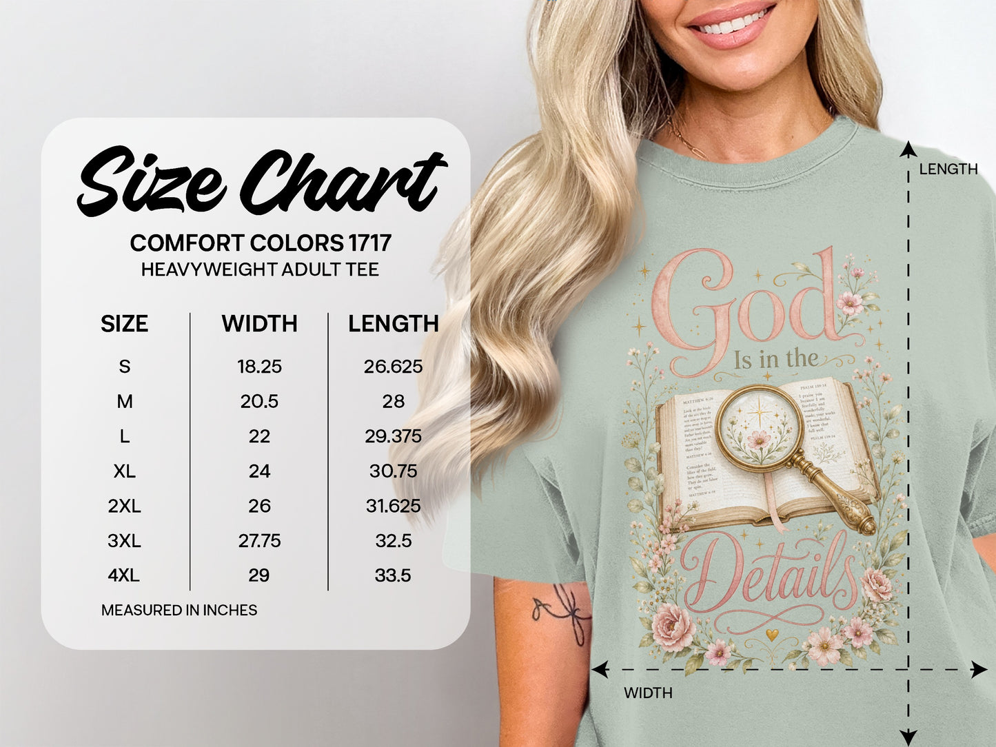 Comfort Colors 1717 size chart for heavyweight adult tee with scripture graphic.