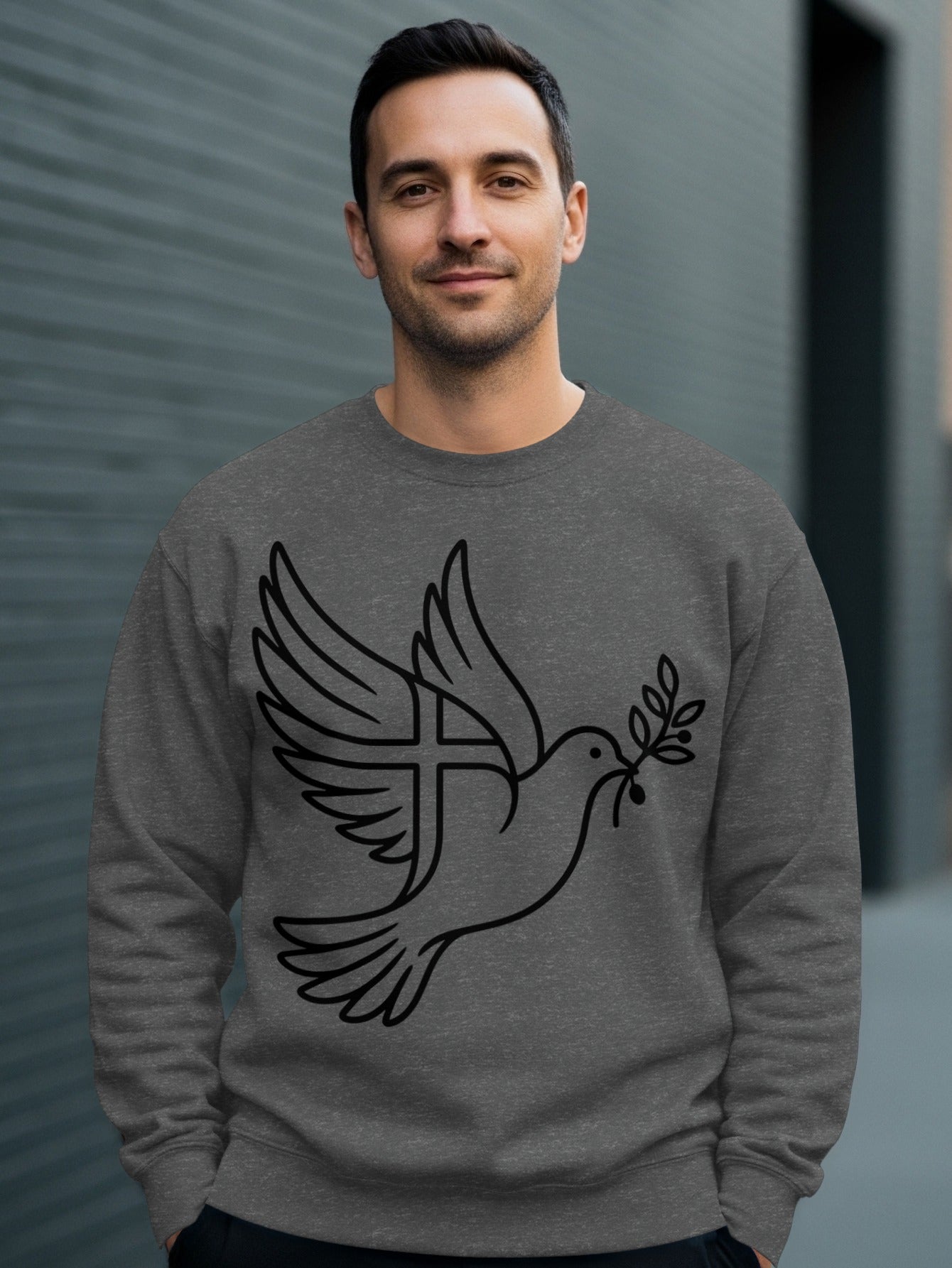 Gray sweatshirt with a dove carrying an olive branch and a cross.