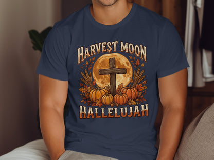 Harvest Moon Hallelujah text with pumpkins, wheat, and cross against moon.