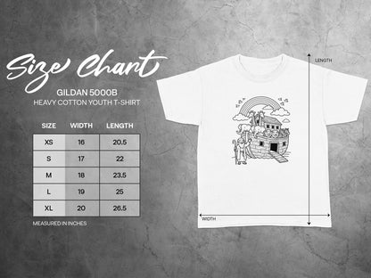 Gildan 5000B youth t-shirt size chart with Noah's Ark illustration.