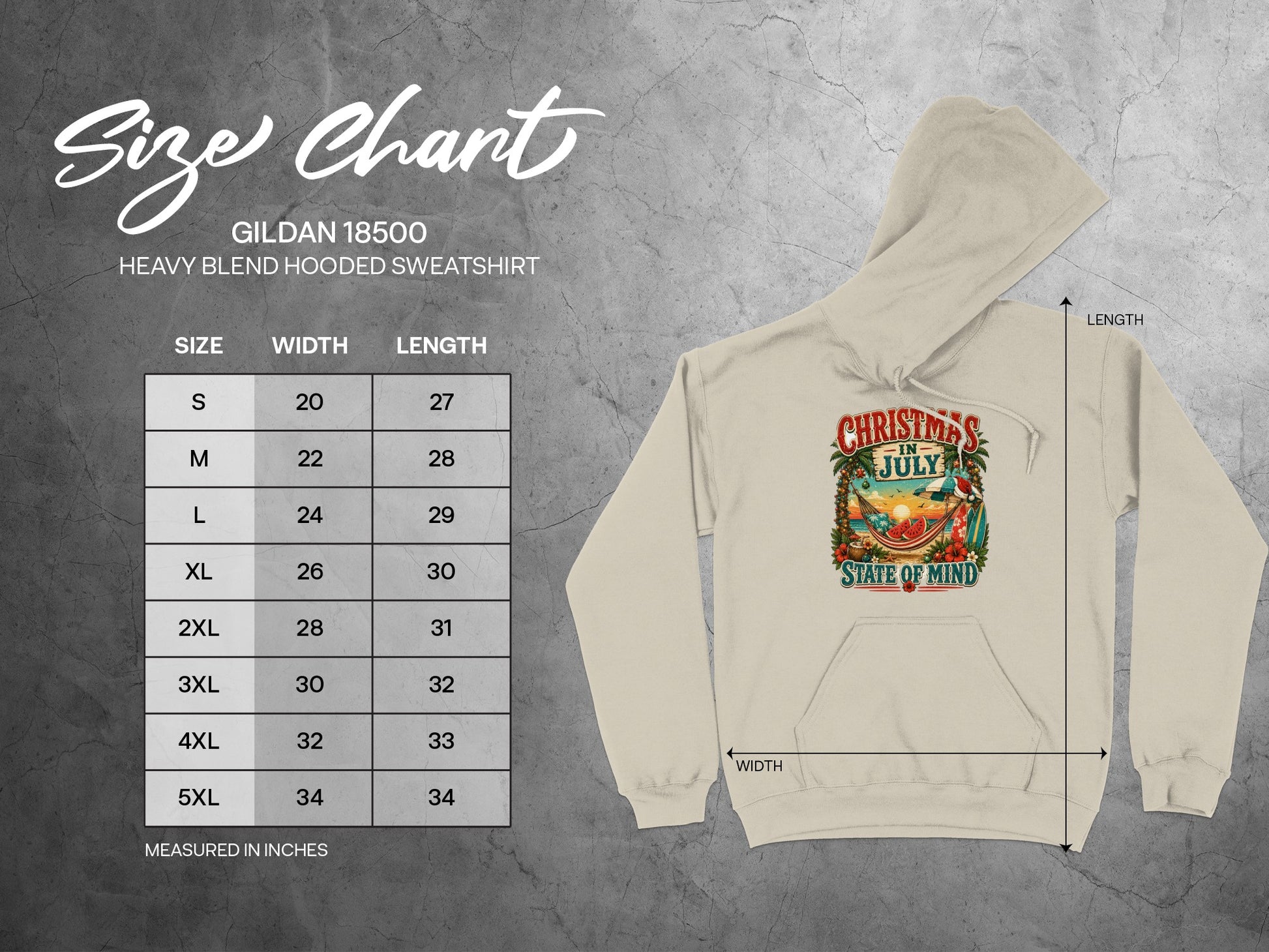 Gildan 18500 size chart with garment measurements and Christmas in July graphic.