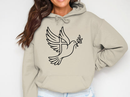Light beige hoodie with black outline graphic of dove carrying olive branch and cross.